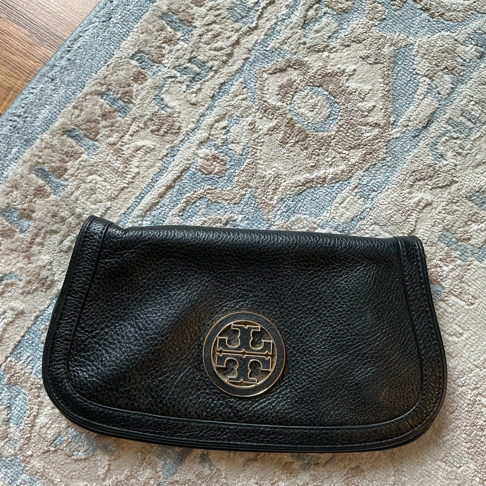 Tory Burch Black Leather Clutch with Logo